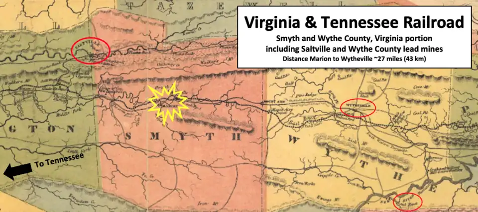 railroad map with points of interest highlighted such as salt mines, battle site, Wytheville, and lead mines