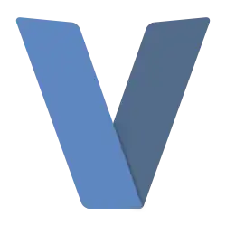 A capitalized letter V colored blue