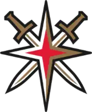 A four-pointed red star, with a white and gold inner border and black outer border. Underneath the star are two crossed swords with gold hilts and a black outline.