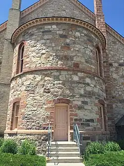 Vestry on the Paris Idaho Tabernacle. Vestries are rare in the LDS Church, because special clothes are not worn by bishops or stake presidents. The architect had studied churches in Europe and kept the vestry for architectural completeness, rather than for functionality.
