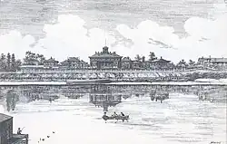 A sketch of several government buildings as seen from across a stretch of water
