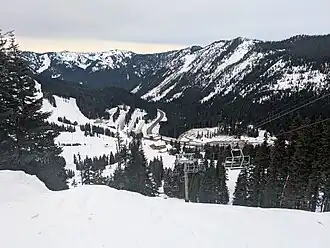 View of the base area from the top of a chairlift