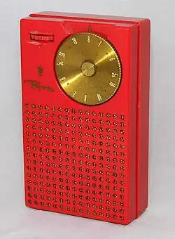 Image 32The Regency TR-1, which used Texas Instruments' NPN transistors, was the world's first commercially produced transistor radio in 1954. Size: 3×5×1.25 inch (7.6×12.7×3.2 cm) (from History of radio)