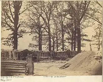 A gabion breastwork (in background) protecting artillery at Fort Stedman in Virginia in the American Civil War