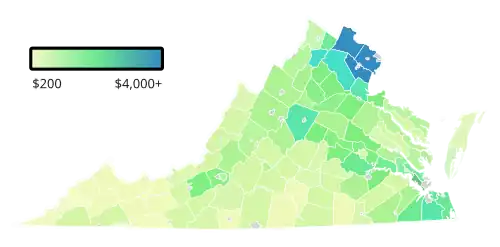 A map of Virginia colored green to blue based on how much property tax was paid, from $200 to $4,000+.