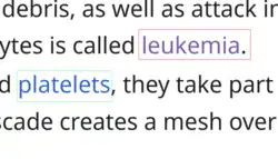 Text with two links, one titled leukemia is purple, the other is not.
