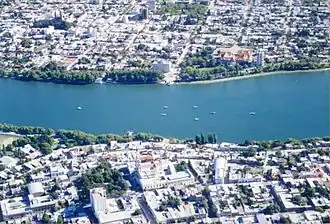 Aerial view of Viedma (top) and Carmen de Patagones.