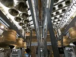 Bells hanging from beams and attached to a system of wires