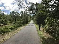 A rail trail in a wooded area