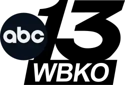 The ABC network logo on top of a slanted sans-serif 13, with a parallelogram with the letters W B K O in white beneath.