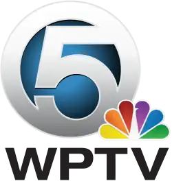 A silver circle containing and incorporating a sans serif numeral 5, with dark blue fill and the NBC peacock logo overlapping in the lower right corner. Beneath are the letters WPTV in a sans serif.