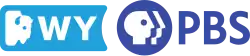 On the left, a badge on a sky blue background containing a stylized buffalo head and the letters WY in white, next to the PBS logo in royal blue and white