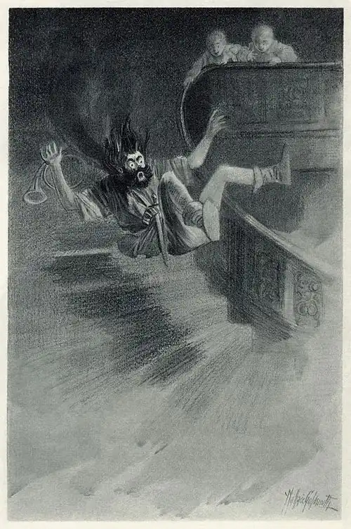 Image 10 "The Canterville Ghost" Artist: Wallace Goldsmith; Restoration: Adam Cuerden A scene from "The Canterville Ghost", Oscar Wilde's first published story, which is about an American family that moves into a haunted house in England. However, instead of being frightened of the eponymous ghost, they turn the tables and prank him, such as in this scene, where the twin boys have set up a butter-slide, causing the ghost to slip down the staircase. The story satirises both the unrefined tastes of Americans and the determination of the British to guard their traditions. More selected pictures