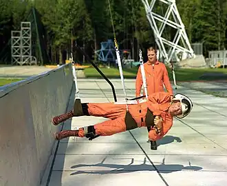 Journalist Walter Cronkite at the simulator