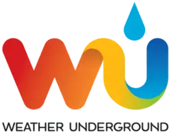 Weather underground logo appears with the letters W U colored in a gradient from red to blue. There is a raindrop above the letter U. Under this graphic is smaller black text reading "Weather Underground."