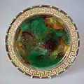 Mottled coloured glazes Victorian majolica, c. 1865, border in Greek key style