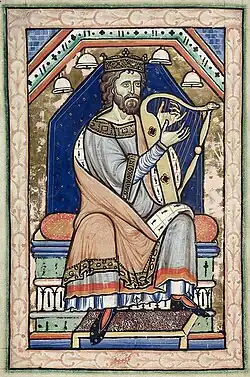 Circa 1200 A.D., England. Westminster Psalter. David playing European harp.