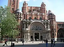 The Neo-Byzantine façade of Westminster Cathedral, London