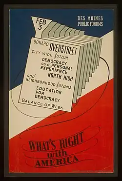 Poster announcing public forums with Bonaro Overstreet; citywide forum discussing "democracy as a personal experience"