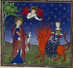 The Whore of Babylon, depicted in a 14th-century French illuminated manuscript. The woman appears attractive, but is wearing red under her blue garment.