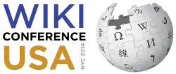 A logo with the text reading "Wiki Conference USA" on the left and the Wikipedia globe on the right