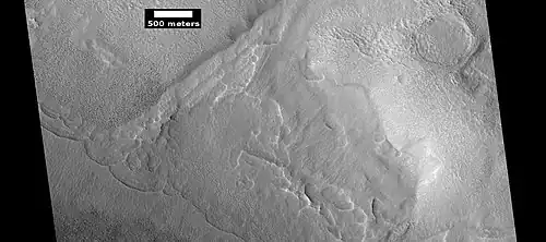 Close-up of lobate debris apron (LDA), as seen by HiRISE under HiWish program Location is Ismenius Lacus quadrangle.