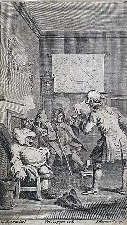 Engraving of a man standing and reading aloud from a book, to an audience of three seated and inattentive men (two smoking, one asleep)