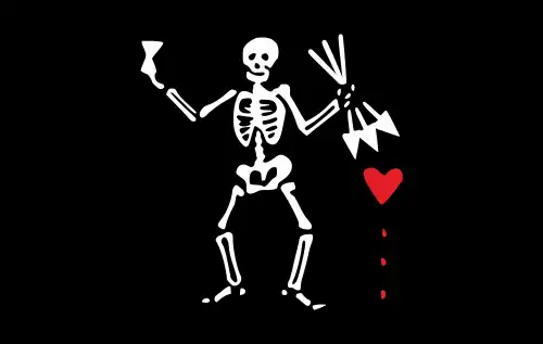 Flag associated with William Moody. Described as “A black Flag, having a white Man painted in it, with three Arrows, whose Points were turn’d toward a red Heart, and underneath it were some red Spots, resembling Blood.”[25]