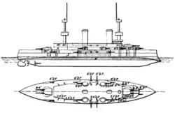Drawing of a large ship showing top and side views, with guns labeled and armor protection shaded