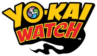 Logo of the series, with the word "YO-KAI" written in a yellow font and the O made to resemble the eponymous device, with a multicolored face and white hands; and the word "WATCH" in a red font, with the C being stylized. The words are surrounded by a tapering black wisp.