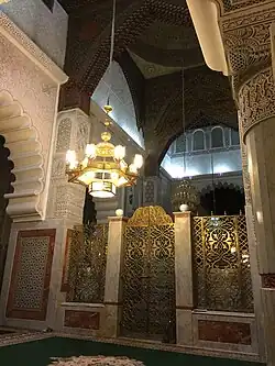 Interior of the Zawiya of Sidi Ahmed al-Tijani, the burial site of the 18th-century Sufi sheikh Ahmad al-Tijani
