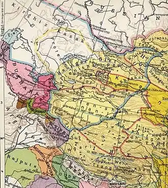 The Dzungar Khanate (c. 1750) (in blue line)