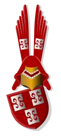 Gules, three columns argent; as a crest, a helm Or mantled gules and two vanes gules, a column argent.