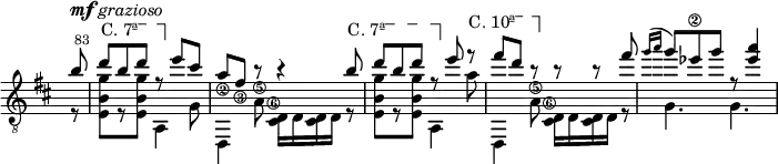 
\relative c'' \new Staff \with { \remove "Time_signature_engraver" } {
  \key d \major \time 6/8 \clef "treble_8"
  \set Staff.midiInstrument = "acoustic guitar (nylon)"
  \set Score.tempoHideNote = ##t \tempo 4. = 84
  \partial 8
  << {
  \set stringNumberOrientations = #'(down)
  \override StringNumber #'staff-padding = #'()
  \override TextSpanner #'dash-fraction = #'()
  \override TextSpanner #'font-shape = #'upright
  \override TextSpanner #'(bound-details left text) = \markup { "C. 7ª" }
  \override TextSpanner #'(bound-details right text) = \markup { \draw-line #'(0 . -2) }
  \override TextSpanner #'(bound-details right padding) = #-3
  \override TextSpanner #'(bound-details left stencil-align-dir-y) = #0.8
  b8^\markup { \dynamic mf \italic "grazioso" } |
  \once \override Score.BarNumber #'break-visibility = ##(#f #t #t)
  \set Score.currentBarNumber = #83 \bar "|"
  d \startTextSpan b d \stopTextSpan r e cis |
  a\2 fis\3 b\rest b4\rest b8 \startTextSpan |
  d b d \stopTextSpan r e
  \override TextSpanner #'(bound-details left text) = \markup { "C. 10ª" }
  r \startTextSpan |
  fis d \stopTextSpan b\rest b\rest b\rest
  fis' | \acciaccatura { g16[ a] } g8 es^\2 g r <es a>4 |
  } \\ {
  \override StringNumber #'staff-padding = #'()
  r8 | <e,, b' g'>[ r q] a,4 g'8 | d,4 a''8\5 <cis,\6 d>16 d <cis d> d
  r8 | <e b' g'>[ r q] a,4 a''8 | d,,,4 a''8\5 <cis,\6 d>16[ d <cis d> d]
  r8 | g4. g
  } >>
}
