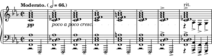 
\layout {
    #(set-global-staff-size 14)
}

\parallelMusic voiceA, voiceB, voiceC {
	<c f aes c>1^\tenuto |
	<f, c' aes'>1 |
	r2 f-- |

	<c des f aes c>1^\tenuto |
	<f c' des aes'>1 |
	r2 f-- |

	<c d f aes c>1^\tenuto |
	<f c' d aes'>1 |
	r2 f-- |

	<c ees f aes c>1^\tenuto |
	<f c' ees aes>1 |
	r2 f-- |

	<c ees f a c>1^\tenuto |
	<f c' ees a>1 |
	r2 f-- |

	<c d f aes c>1^\tenuto |
	<f c' ees aes>1 |
	r2 f-- |

	<c d f aes c>1^\accent |
	<f c' d aes'>1-> |
	r2 f-> |
}

\relative c {
	\new PianoStaff <<
		\new Staff {
            \set Score.tempoHideNote = ##t
            \tempo \markup { Moderato. (\note {2} #1 = 66.) } 4 = 66
            \key c \minor
	        \time 2/2
			<<
				\relative c' \voiceA
			>>
			<<
				\relative c' {<c des f aes c>1->}^"rit."
				\\
				\relative c' {r4 aes-> f-> g->}
			>>
		}

		\new Dynamics {
			s1\pp |
			\set crescendoText = \markup { \italic { poco a poco cresc. } }
			\set crescendoSpanner = #'text
			\override DynamicTextSpanner.style = #'dotted-line
			s1\< |
			s1 | s1| s1 | s1 | s1 | s1\!
		}

		\new Staff {
			\key c \minor
	        \time 2/2
            \clef bass
			<<
				\relative c \voiceB
				\\
				\stemUp
				\relative c,, \voiceC
			>>
			<<
				\relative c, {<f c' des aes'>1->}
				\\
				\stemUp
				\relative c, {r4 <aes aes'>-> <f f'>-> <g g'>->}
			>>
		}
	>>
}
