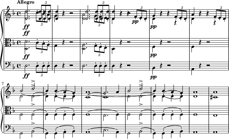 { \new PianoStaff <<
\new Staff <<
\set Staff.midiInstrument = #"violin"
\tempo "Allegro"
\tempo 4 = 140
\key d \minor
\time 4/4
\new Voice \relative c' {
\stemUp
<d d'>2. _\ff \times 2/3 {q8-. q-. q-.}
q4 r r2 q2. \times 2/3 {q8-. q-. q-.}
q4 r r \times 2/3 {f8-. _\pp e-. d-.}
g4 r r \times 2/3 {f8-. e-. d-.}
a'4 r r \times 2/3 {f8-. e-. d-.}
bes'2 ( d^>
bes4) bes-.( a-. g-.)
a1(
g2. a4
bes2 ( d^>
bes4) bes-.( a-. g-.)
a1
a
}
\new Voice \relative c' {
\stemDown
<d d'>2. _\ff \times 2/3 {c'8-. bes-. a-.}
g4 r r2
<d a'>2. \times 2/3 {g8-. f-. e-.}
d4 r r2
d4 _\pp r r r
d r r r
d2 d^>(
d4) d-.( d-. d-.)
c1(
c)
d2 d^>(
d4) d-.( d-. d-.)
d1
cis
}
>>
\new Staff <<
\set Staff.midiInstrument = #"viola"
\tempo "Allegro"
\tempo 4 = 140
\clef alto
\key d \minor
\time 4/4
\new Voice \relative c {
\stemDown
<d d'>2. _\ff \times 2/3 {c'8-. bes-. a-.}
g4 r r2
<d a'>2. \times 2/3 {g8-. f-. e-.}
d4 r r2
f4 _\pp r r2
f4 r r2
f2 f^>(
f4) f-.( f-. f-.)
f1(
e2. f4)
f2 f^>(
f4) f-.( f-. f-.)
f1
e
}
>>
\new Staff <<
\set Staff.midiInstrument = #"cello"
\tempo "Allegro"
\tempo 4 = 140
\clef bass
\key d \minor
\time 4/4
\new Voice \relative c {
\stemDown
d2. _\ff \times 2/3 {d8-. d-. d-.}
d4 r r2
d2. \times 2/3 {d8-. d-. d-.}
d4 r r2
bes4 _\pp r r2
a4 r r2
g2 bes^>(
g4) g-.( a-. bes-.)
a1(
c2. a4)
g2 bes^>(
g4) g-.( a-. bes-.)
a1
a
}
>>
>>
}