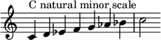 {
\override Score.TimeSignature #'stencil = ##f
\relative c' {
\clef treble \time 7/4
c4^\markup { C natural minor scale } d es f g aes bes c2
}
}