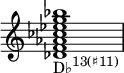  {
\override Score.TimeSignature #'stencil = ##f
\relative c' {
   \clef treble
   \time 4/4
   \key c \major
   \textLengthOn
   <des f aes ces es g bes>1_\markup { \concat { "D♭" \raise #1 \small { "13(♯11)" } } }
} }

