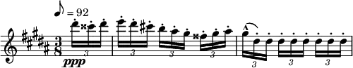 
  \relative c'' { \set Staff.midiInstrument = #"violin" \clef treble \time 3/8 \key gis \minor \tempo 8 = 92
   \partial 8*1 \times 2/3 { dis'16-.\ppp cisis-. dis-. } | \times 2/3 { e-.[ dis-. cis!-.] } \times 2/3 { b-.[ ais-. gis-.] } \times 2/3 { fisis-.[ gis-. ais-.] } |
    \times 2/3 { gis^^([ dis-.) dis-.] } \times 2/3 { dis-.[ dis-. dis-.] } \times 2/3 {dis-.[ dis-. dis-.] } }
