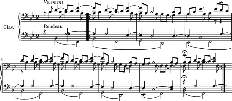 \version "2.18.2"
\header {tagline = ##f}
Pralldcr = { \tag #'print { d8\prall } \tag #'midi { d32 ees d16 } }
Mordbescr = { \tag #'print { bes8\mordent\fermata } \tag #'midi { bes32 a bes16 } }
upper = \relative c'' {
\clef treble
\key bes \major
\time 2/2
\override Staff.TimeSignature.style = #'single-digit
\tempo 4 = 180
\tempo "Vivement"
\set Staff.midiInstrument = #"harpsichord"
\mergeDifferentlyDottedOn
\clef bass << { r8^\markup{\italic "Vivement"} bes,8 d4~ d8 c~ < c f~ >4 f8 bes, d4~ d8 c~ < c f~ >4 | f8 } \\ { s8 bes,4 bes8~ bes4. a8~ a8 bes4 bes8~ bes4. a8~ | a8 } >>
<< { a8 bes2 bes8 a | g8 bes ees4. ees8 \Pralldcr c8 | d8 } \\ { a4 g8~ g f~ f4 | g4. g8 a8 r8 r4 | r8 } >>
<< { bes8 d4~ d8 c~ < c f~ >4 f8 bes, d4~ d8 c~ < c f~ >4 | f8 } \\ { bes,4 bes8~ bes4. a8~ a8 bes4 bes8~ bes4. a8~ | a8 } >>
<< { a8 bes2 bes8 a | g8 a bes2 bes8 \tempo 4 = 120 a \tempo 4 = 70 \Mordbescr \tempo 4 = 160 bes8 \tempo 4 = 180 d4~ d8 c8~ < f c >4 } \\ { a,4 g8~ g f~ f4 | g4. f8~ f f~ f4~ f8 bes4 bes8~ bes4. f8~ \hideNotes f8 } >>
}
lower = \relative c {
\clef bass
\key bes \major
\time 2/2
\override Staff.TimeSignature.style = #'single-digit
<< { r4^\markup{Rondeau} s4 f2~ } \\ { s4 bes,4( f' f,) } >>
\bar ".|:"
% mes 5
<< { f'4 f2 ees4~ ees d2 d4~ d c2 f4~ f f2 f4~ f f2 ees4~ ees d2 d4~ d c2~ < ees c >4 r4\fermata f2 f4~ \bar ":|." \hideNotes f8 } \\ { bes,2\( f g d\) ees2\( f bes f\) bes2( f) g( d) ees( f) < d' bes >( f,) } >>
}
thePianoStaff = \new PianoStaff <<
\set PianoStaff.instrumentName = #"Clav."
\new Staff = "upper" \upper
\new Staff = "lower" \lower
>>
\score {
\keepWithTag #'print \thePianoStaff
\layout {
\context {
\Score
\remove "Metronome_mark_engraver"
}
}
}
\score {
\keepWithTag #'midi \thePianoStaff
\midi { }
}