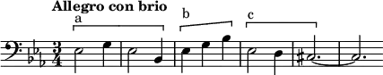 
\new Staff
  \relative c{
  \clef bass
  \key ees \major
  \time 3/4
  \tempo "Allegro con brio" \tempo 2 = 80
  \[^"a" ees2 g4 ees2 bes4 \] \[^"b" ees4 g bes \] \[^"c" ees,2 d4 cis2.~\] cis \bar ""
}
