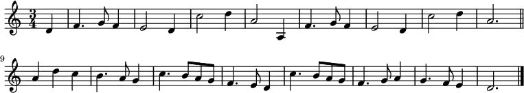 \relative c' { \set Staff.midiInstrument = #"flute" \time 3/4 \partial 4 d f4. g8 f4 e2 d4 c'2 d4 a2 a,4 f'4. g8 f4 e2 d4 c'2 d4 a2. \bar "||" \\ a4 d c b4. a8 g4 c4. b8 a g f4. e8 d4 c'4. b8 a g f4. g8 a4 g4. f8 e4 d2. \bar "|." }