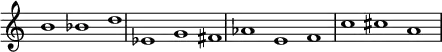 {
\override Score.TimeSignature
#'stencil = ##f
\override Score.SpacingSpanner.strict-note-spacing = ##t
\set Score.proportionalNotationDuration = #(ly:make-moment 3/2)
\relative c'' {
\time 3/1
\set Score.tempoHideNote = ##t \tempo 1 = 60
b1 bes d
es, g fis
aes e f
c' cis a
}
}