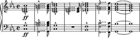 \relative c' {
\new PianoStaff <<
\new Staff {
\set Staff.midiInstrument = #"brass section" \key es \major \clef treble \time 2/2 \set Score.tempoHideNote = ##t \tempo 2 = 50
<c e g c>1 \ff _^ |
<g' b d>2... ^^ <g b d>16 |
<c, e g c e>1 _^ |
<c e g>2... _^ <c e g>16 |
<des f bes des f>1 _^ |
<f a f'>2... ^^ <f a f'>16 |
\set doubleSlurs = ##t
<es g bes es>1 ^( ~ |
<d g bes d>1 ) |
}
\new Staff {
\set Staff.midiInstrument = #"brass section" \key es \major \clef bass \time 2/2
<c, g'>1 \ff ^^ |
<g g' b d>2... ^^ <g g' b d>16 |
<c g'>1 ^^ |
R1 |
<bes f'>1 ^^ |
<f f' c'>2... ^^ <f f' c'>16 |
<g bes'>1 ~ |
<g bes'>1 |
}
>>
}