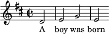 { \set Score.automaticBars = ##f \key d \major \time 2/2 \relative c' {d2 \bar "|" e2 g2 \bar "|" e2} \addlyrics {A boy was born } }