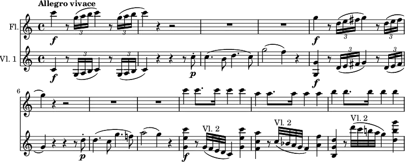 <<
\new Staff \with { instrumentName = #"Fl."} \relative c'' {
\key c \major
\set Score.tempoHideNote = ##t
\tempo "Allegro vivace" 4 = 140
\time 4/4
\set Staff.midiInstrument = "flute"
c'4\f r8 \times 2/3 { g16( a b } c4) r8 \times 2/3 { g16( a b } |
c4) r r2 | R1 | R1 |
g4\f r8 \times 2/3 { d16( e fis } g4) r8 \times 2/3 { d16( e fis } |
g4) r4 r2 | R1 | R1 |
c4 c8. c16 c4 c |
a4 a8. a16 a4 a |
b4 b8. b16 b4 b |
}
\new Staff \with { instrumentName = #"Vl. 1 "} \relative c'' {
\key c \major
\time 4/4
\set Staff.midiInstrument = "violin"
c,4\f r8 \times 2/3 { g16( a b } c4) r8 \times 2/3 { g16( a b } |
c4) r r r8 c'-.\p |
c4.( b8 d4. c8) |
g'2( f4) r |
<g, g,>4\f r8 \times 2/3 { d16( e fis } g4) r8 \times 2/3 { d16( e fis } |
g4) r r r8 d'-.\p |
d4.( c8 g'4. f!8) |
a2( g4) r |
<g, e' c'>\f r8 g32^"Vl. 2"( f e d c4) <g' e' c' > |
<f c' a'> r8 c'32^"Vl. 2"( bes a g f4) <a f'> |
<b, g' d'> r8 d''32^"Vl. 2"( c b! a g4) <d b' g'> |
}
>>