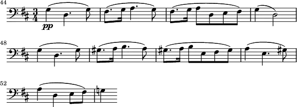 \header {
tagline = ""
}
\score {
\relative c' {
\key b \minor
\time 3/4
\clef bass
\set Score.tempoHideNote = ##t
\tempo 4 = 96
\set Staff.midiInstrument = "cello"
\set Score.currentBarNumber = #44
\bar ""
g4\pp( d4. g8) | fis8.( g16 a4. g8) | fis8.( g16 a8 d, e fis) | g4( d2) |\break
g4( d4. g8) | gis8.( a16 b4. a8) | gis8.( a16 b8 e, fis gis) | a4( e4. gis8) |\break
a4( d, e8 fis) | g!4
}
\layout {
ragged-last = ##t
indent = 0\cm
line-width = #150
}
\midi {}
}