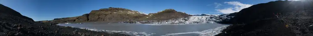 Panorama of Sólheimajökull glacial tongue and the valley leading to it
