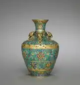 Chinese vase with three rams' heads; 1736-1795; cloisonné enamel; diameter: 9.4 cm, overall: 14 cm; from Jingdezhen (Jiangxi province, China); Cleveland Museum of Art (Cleveland, Ohio, USA)