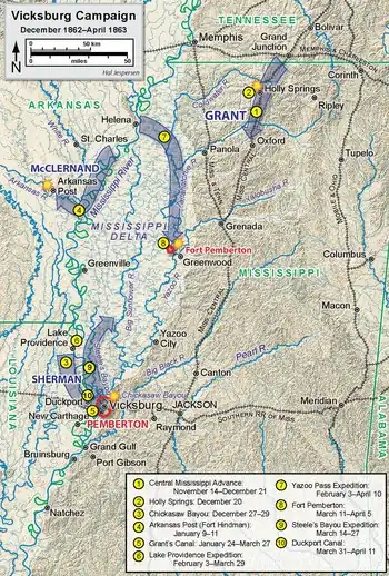 Map of early operations in the Vicksburg campaign. Those relevant to Arkansas Post are as follows: Grant's November/December 1862 movement south along the railroad from southern Tennessee into northern Mississippi; Sherman's December 1862 repulse at Chickasaw Bayou just northwest from Vicksburg on the Yazoo River; and McClernand movement down the Mississippi River towards Arkansas Post west/southwest of Grant's operation and north of Sherman's